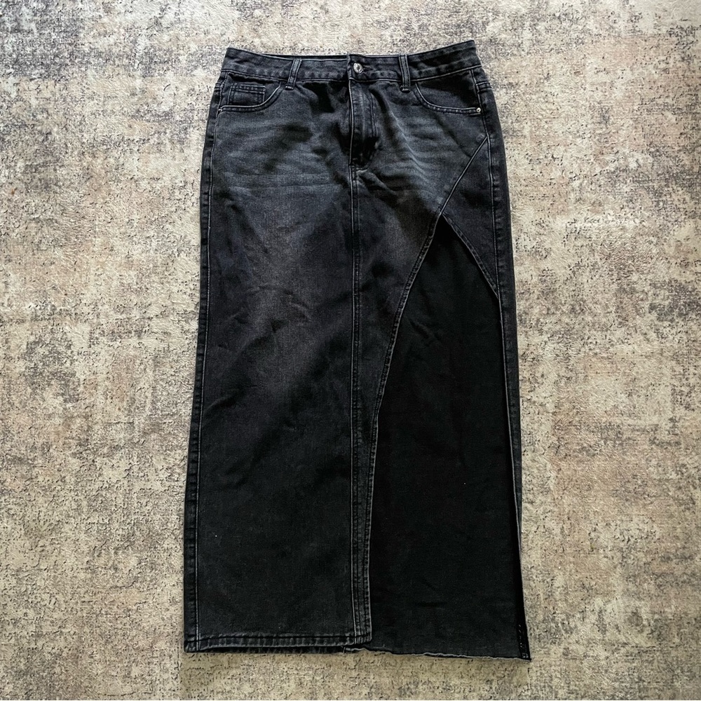 Womens Black Denim Maxi Skirt Large Side‎ Slit Goth Grunge Whimsigoth Punk Rock